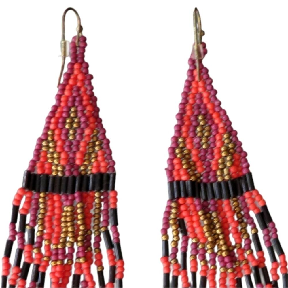 Boho Handmade OOAK Beaded Hanging Earrings Long Lightweight Pink Orange Black - Picture 5 of 10